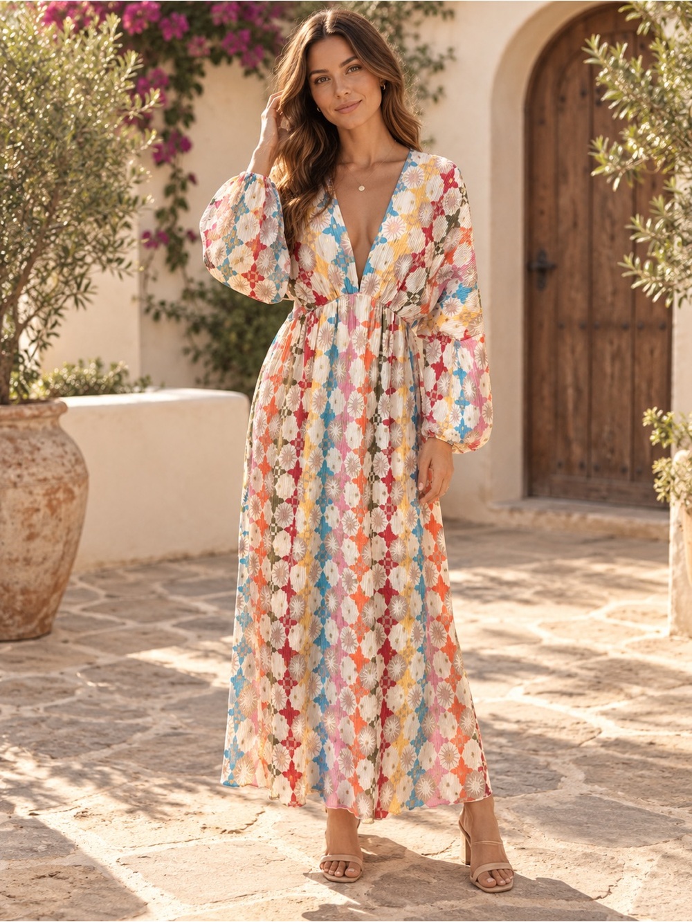 Commence Multicolor Textured Balloon Sleeve Maxi Dress NWT size large